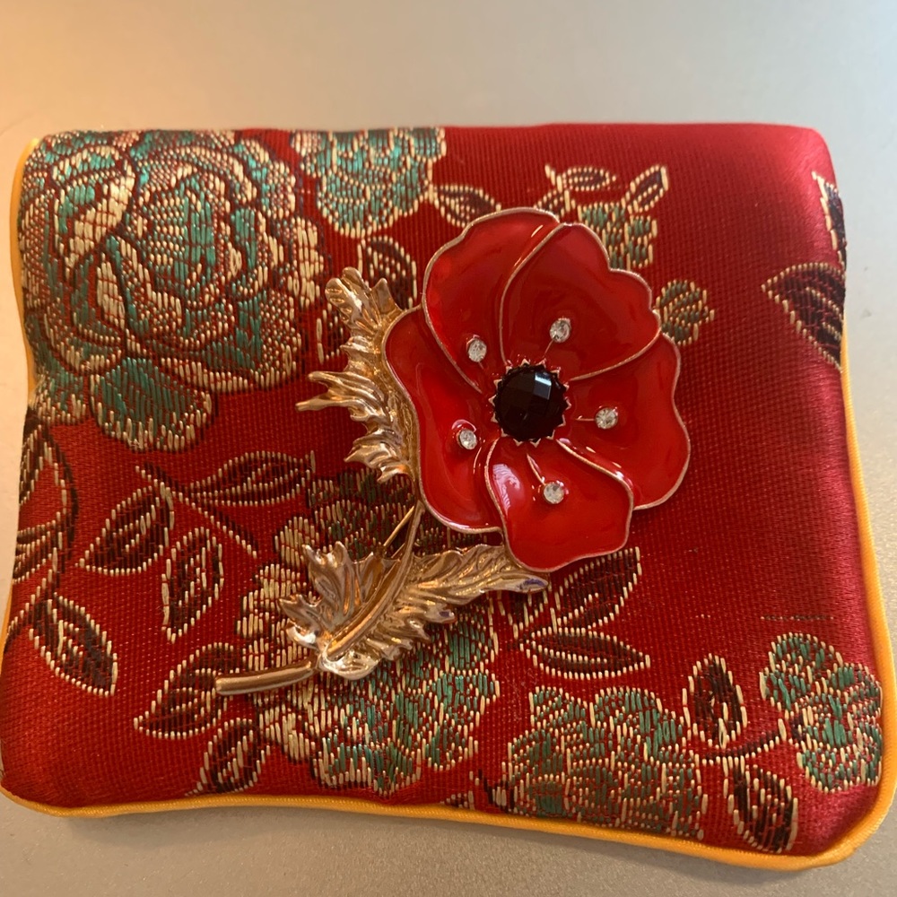 Enameled Poppy Brooch Set In Rosetone W/Austrian Crystal